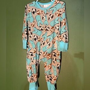 Kids Bunny Print One Piece bamboo Pajamas - Blue and Brown